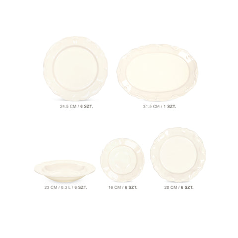 Kremowy Serwis obiadowo kawowy dla 6 osób Alicja